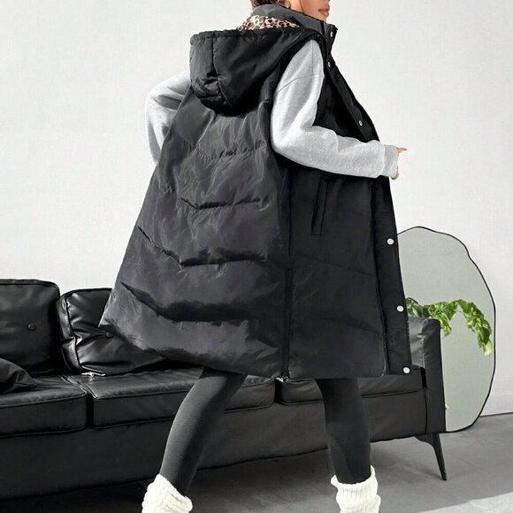 Black Casual Women's Front Button Sleeveless Hooded Padded Coat - Picture 2 of 5